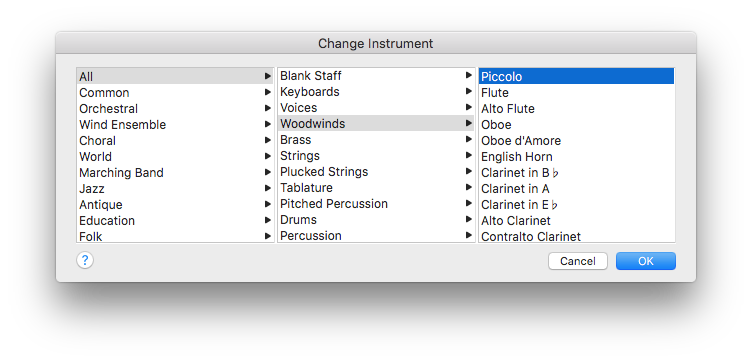 Change Instrument dialog box